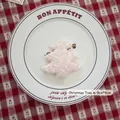 Pink and white knitted Christmas tree ornament 9cmx8cm on a festive checkered plate - Christmas Tree A-02