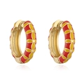 Detail view of red and yellow enamel clover petals on these golden hoop earrings - Red And Yellow Enamel Clover