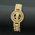 Bracciale a maglia cubana dorata con medaglione religioso e strass per stile hip hop uomo - Oro