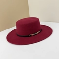 Elegant burgundy wool boater hat with wide brim and black leather strap with gold buckle - Burgundy