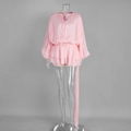 Detail of pink chiffon set with pleated bubble sleeves and lace-up neckline - M / Pink