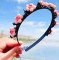 Diadema negra trenzada con flores rosas para peinados de niñas y accesorios infantiles - Flor Rosa