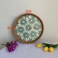 Round rattan tray with green floral daisy pattern, 30cm woven decorative storage tray - Green Flower / Small 30*3cm