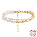 Zweilagiges Armband aus S925 Sterlingsilber mit Süßwasserperlen und goldenen Metallperlen - Süßwasserperle 3-3,5mm (GPB29) / 925er Silber