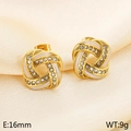 Crossed gold knot stud earrings with white enamel and sparkling pave zircon inlay - Style I Gold (KE115091-K)