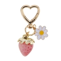 Pink strawberry heart-shaped keychain with white daisy charm and golden heart clasp - Pink Strawberry