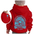 Red kids hoodie featuring Chasing Sunsets graphic and everything comes in waves back print - Red/Sky Blue Print / 100cm