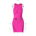 Sleeveless crop top and mini skirt set in hot pink with hollow lace-up side details - S / Rose Red