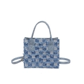 Blue denim checkerboard tote bag with fringe details and adjustable crossbody strap - Plaid Blue