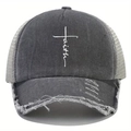 Cappellino da baseball grigio scuro effetto consumato con stampa faith e rete traspirante - Grigio