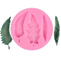 Pink silicone leaf mold with green leaf resin crafts on a white background - Three-hole Leaf Shape (50-1770) / Pink