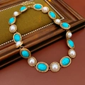 Detail of vintage gold necklace with white pearls and blue turquoise stones on green velvet - 55# Necklace Round Resin Oval Lace Faux Pearl