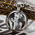 Detail of silver pocket watch featuring Marilyn Monroe portrait and retro metal chain - P856/Marilyn Monroe