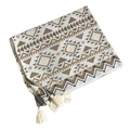 Ethnic Aztec style knitted shawl in beige and gray with decorative white tassels - Bohemian Shawl Blanket
