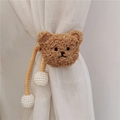 Brown plush teddy bear curtain tieback with pearls on a white curtain for kids room - Rice Gold Rope Coffee Bear