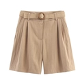 Khaki high-waisted cotton linen Bermuda shorts with woven belt and round buckle on white background - Camel