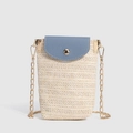 Vertical woven straw phone bag with blue leather flap and gold chain strap - Off White-Blue