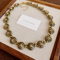 Vintage style gold lion head link necklace set with antique finish on linen cushion - 53# Necklace Round Lion Head