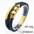Men's multilayer black leather bracelet with golden skull charms and magnetic clasp - Gold (KB180010-YY)