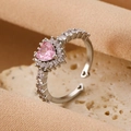 Adjustable silver ring with heart-shaped pink zircon and sparkling halo stones - Pink Heart Halo Ring (10116)