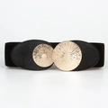 Detail of black elastic belt with dual textured gold circular metal buckles for women - Black