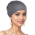 Detail of soft elastic grey turban hat shown on a model with neutral background - One Size / Dark Gray