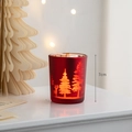 7cm Red frosted glass Christmas candle holder with reindeer and tree silhouette - Style F / Red