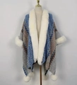 Ethnic knit shawl cloak in blue and grey with plush faux fur collar and pom-poms - Light Blue