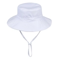 Detail of white sun hat with adjustable windproof drawstring and woven fabric texture - White