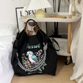Close-up of black nylon tote bag featuring vibrant parrot and floral embroidery detailing - Black Parrot - New (Without Shoulder Strap)