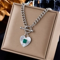 Chunky silver chain necklace with heart pendant and green gemstone on jewelry box - Silver Heart with Green Stone Style (N1901)