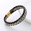 Pulsera de cuero trenzado multicapa para hombre con cadenas de acero y cierre magnético - Bicolor (Oro y Plata)