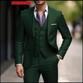Men's 3-piece slim fit business suit set in dark green with jacket, vest and pants - XXS / Dark Green