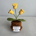 Crocheted emotional support plant with yellow bell flowers and a small encouragement card - 3-Head Lily of the Valley - Yellow