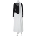 Detailed view of black off-shoulder top and white maxi skirt set with matching neck scarf - S / Black and White Patchwork (With Scarf)