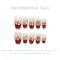 French wine red press-on nails with gold rhinestones and pearls on a white background - Extra Small (XS) / Platinum Red Wine