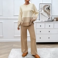 Women's two-piece knit set featuring beige sweater with khaki stripes and wide-leg trousers - S / Apricot