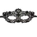 Close-up of black lace eye mask with intricate floral embroidery and satin ribbon ties - Flower Heart
