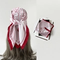 Floral satin silk scarf with red and white stripes shown worn and in a gift box - L7215-Lily Wine Red