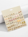 30-pair gold stud earring set featuring enamel flowers, bows, and faux pearls on a card - Colorful Enamel Fun Animal (FX800)
