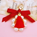 Elegant red bow keychain with white pearls and gold metal tassel for women's bags - Red