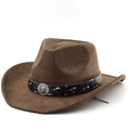 Dark brown suede western fedora hat featuring a lion head badge and silver studs decoration - M (56-58cm) / Coffee