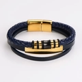Detail of multi-layer blue braided leather bracelet with golden magnetic clasp - Dark Blue Double Layer Black & Gold Combination Rings (Style 5)