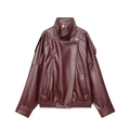 Giacca alla moda in ecopelle bordeaux da donna con colletto alla coreana e polsini elastici - XS / Borgogna