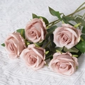 Pink velvet artificial roses with five blooming heads and green leaves on white knit - Light Coffee (Silk Version)