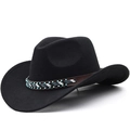 Classic black wool western cowboy hat with bohemian turquoise beaded leather band - M (56-58cm) Adjustable / Black