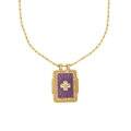18K gold plated stainless steel square pendant necklace with purple clover enamel and crystals - Purple Four Leaf Clover Design (Golden-6)