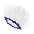 White silk texture waterproof shower cap with purple elastic trim on white background - White Purple Edge