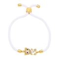 Minimalist woven white cord bracelet with a gold teddy bear heart pendant and zircon stones - White