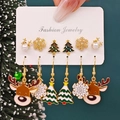 6-pair Christmas themed earring set featuring reindeer, snowflakes, and trees on gold alloy - Style 28 (6 Pairs Set)